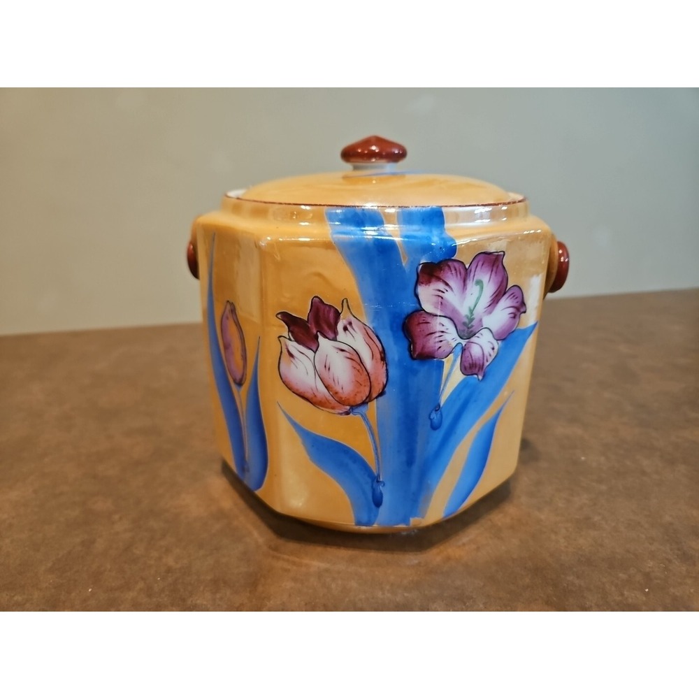 🌷Japan Ceramic Cookie Biscuit Jar Hand Painted Flowers Wicker Basket Handle